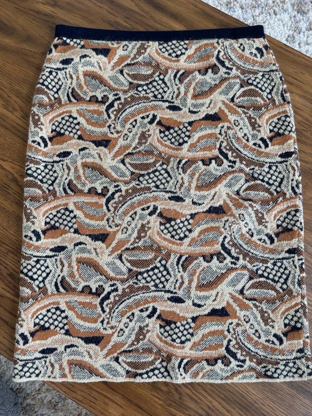 Anthropologie - Sparrow Paisley Knit Pencil Skirt in Navy, Tan & Cream